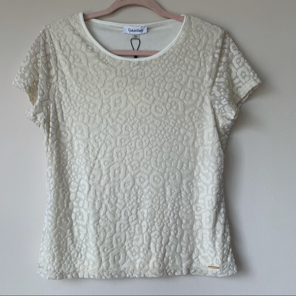 Calvin Klein NWT Ivory Leopard Velvet Velour Blouse Short Sleeve Size PL